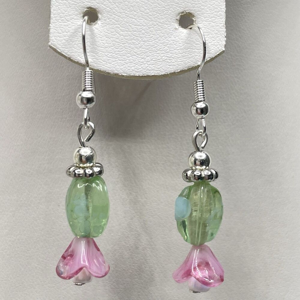 Artisan Cute Upside Down Pink Green Flower Beaded Earrings Dangle Boho Unique